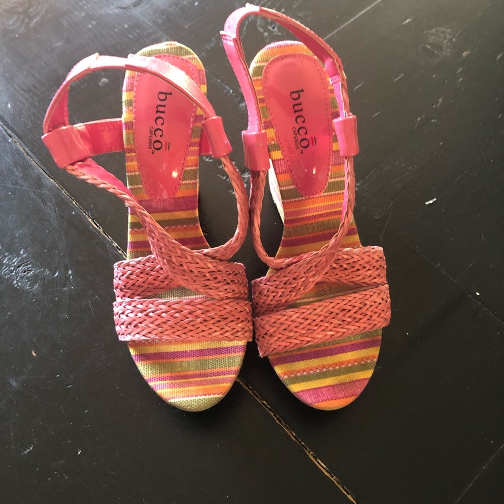 bucco capensis Pink Multi-Color Braided Wedge Sandal Woman’s SZ 7